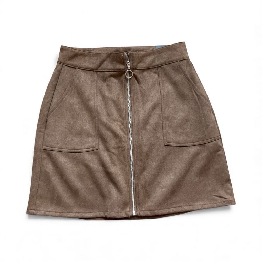 NWT Womens Maurices High Rise Taupe Faux Suede Zip Front Mini Skirt - Sz 10